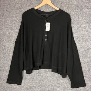 NEW EXPRESS Black‎ Waffle Knit Button Henley Long Sleeve Top XL